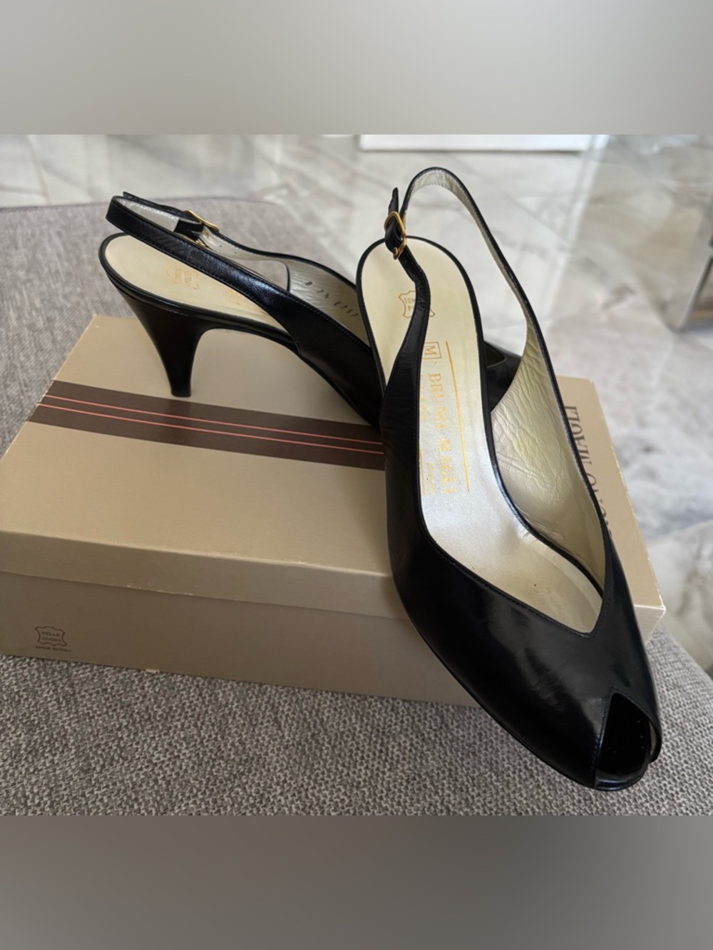 Bruno Magli Black Leather Slingback Kitten Heels